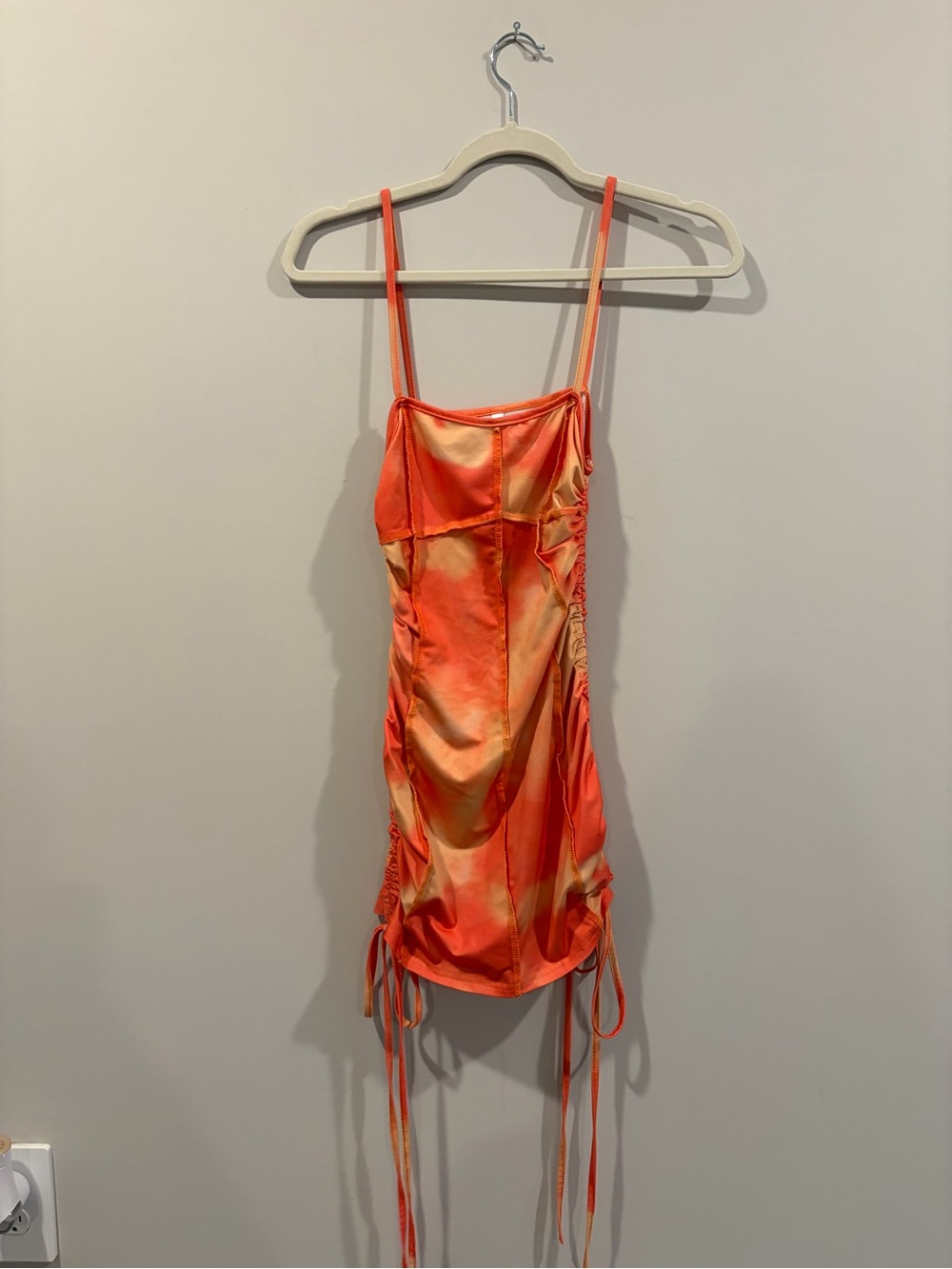 Satin Orange Tie-Dye Slip Dress with Adjustable Side Ruching